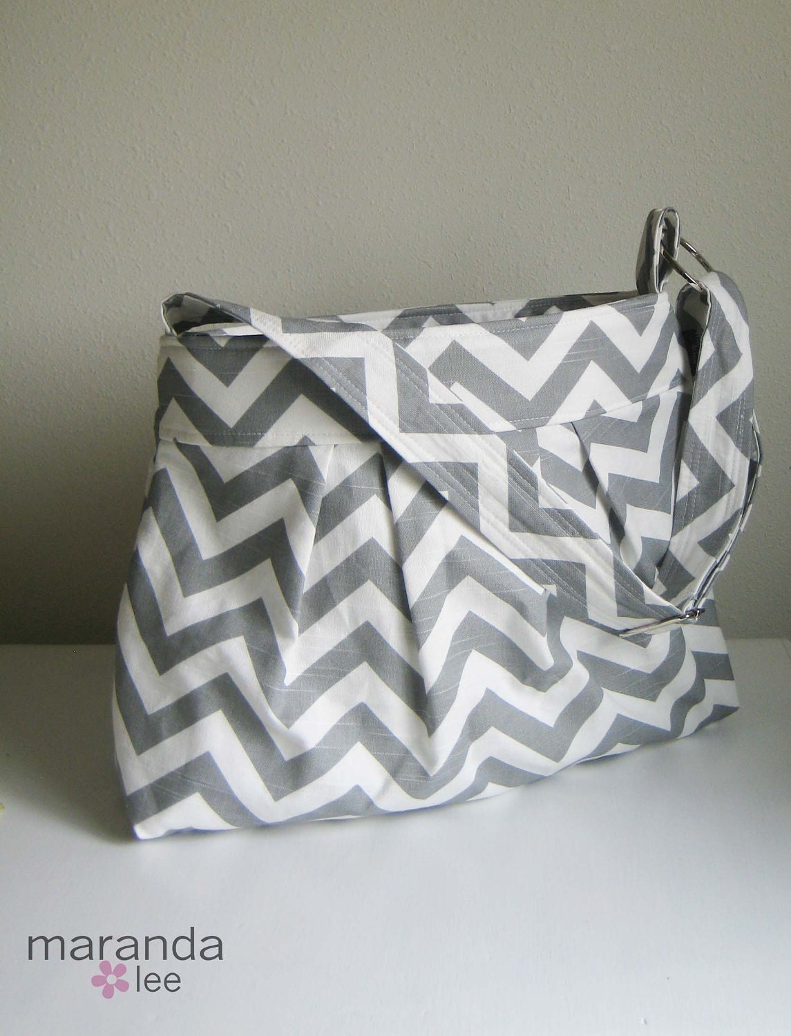 The Emma Chevron Diaper Bag Large-  in Gray Chevron with Custom Lining - Elastic Pockets Adjustable Messenger Strap