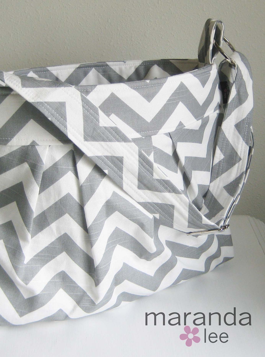 The Emma Chevron Diaper Bag Large-  in Gray Chevron with Custom Lining - Elastic Pockets Adjustable Messenger Strap
