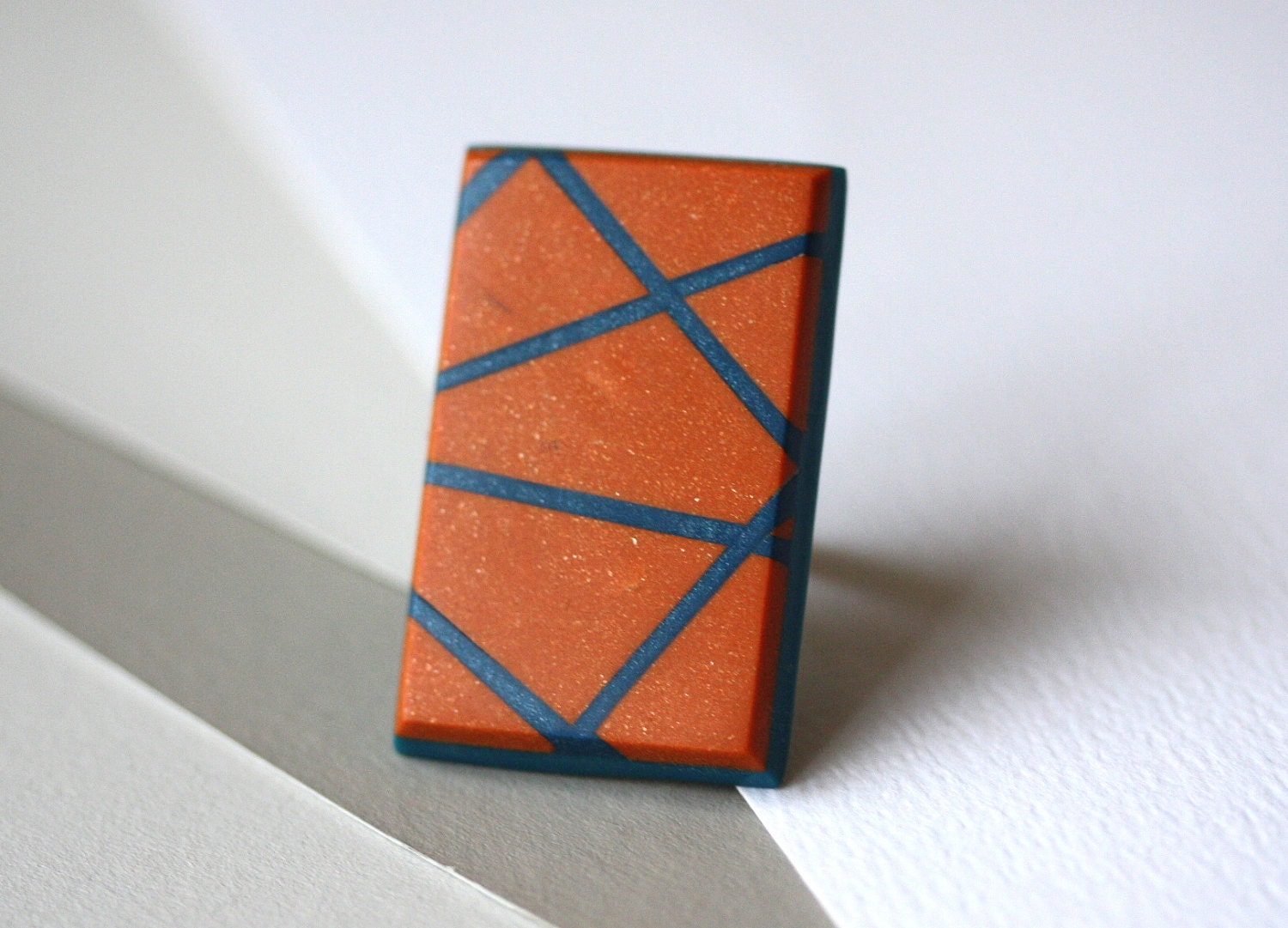 Tangerine and petrol blue ring - geometric, stripes, statement ring - zsbekefi