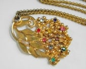Large Vintage Multi Color Rhinestone Pendant Necklace