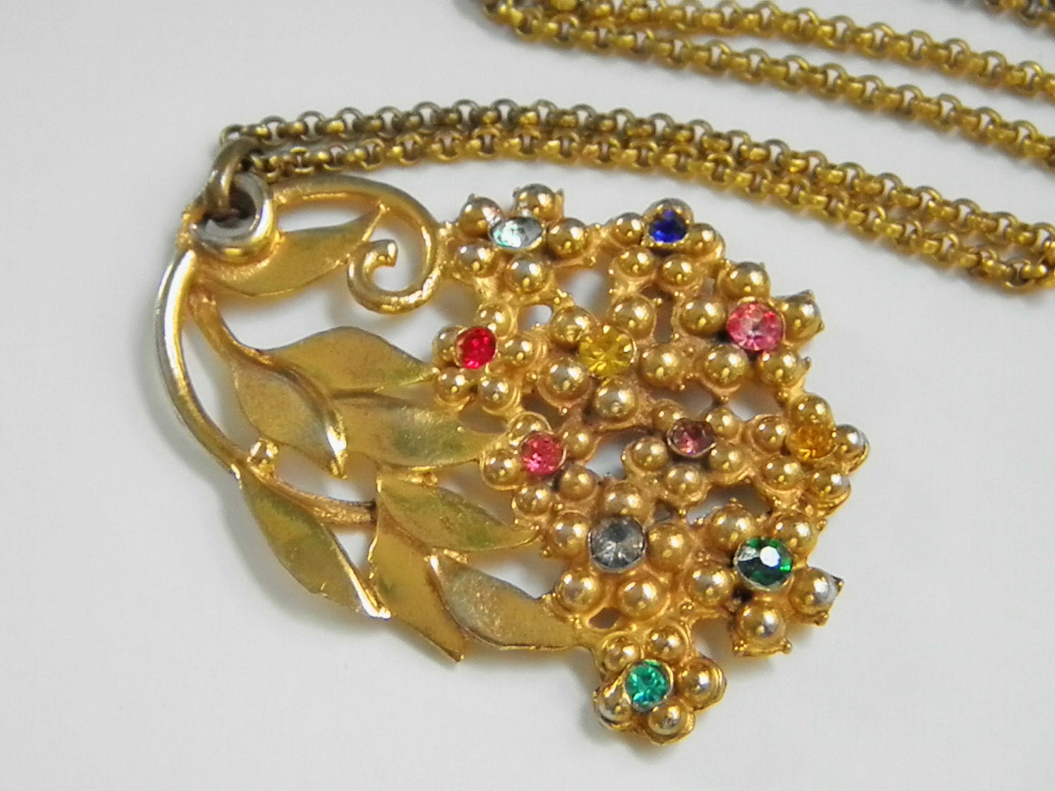 Large Vintage Multi Color Rhinestone Pendant Necklace