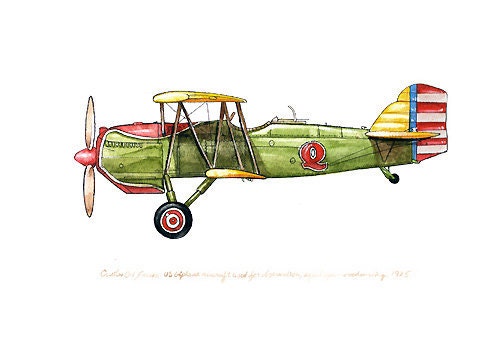 Curtiss 0-1 Falcon vintage airplane watercolor print 8"x10"