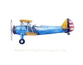 Boeing/Stearman PT-17 vintage airplane watercolor print, 8x10"