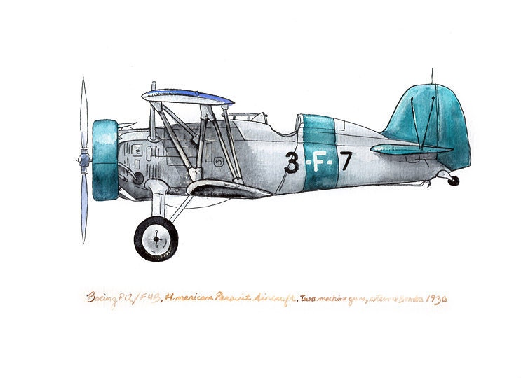 Boeing P12/F4B vintage airplane watercolor print, 8x10"