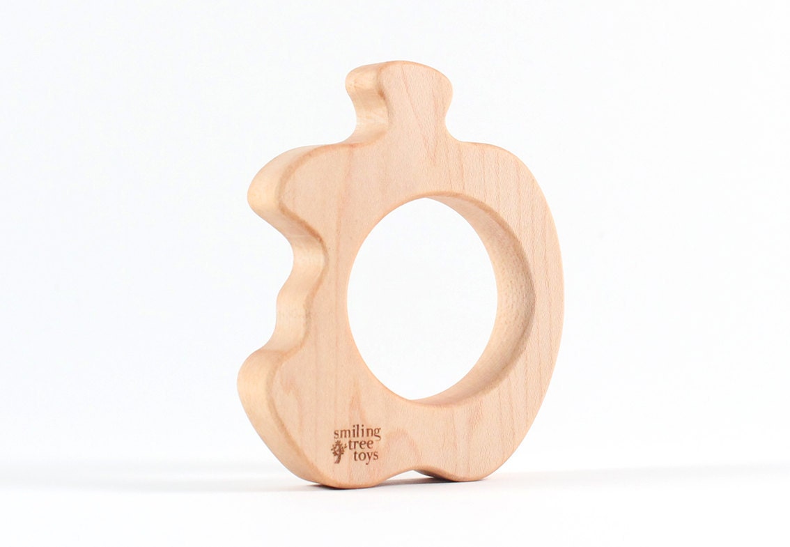 organic apple TEETHER toy - natural wooden teething toy, pretend picnic play food, sustainably harvested hardwood
