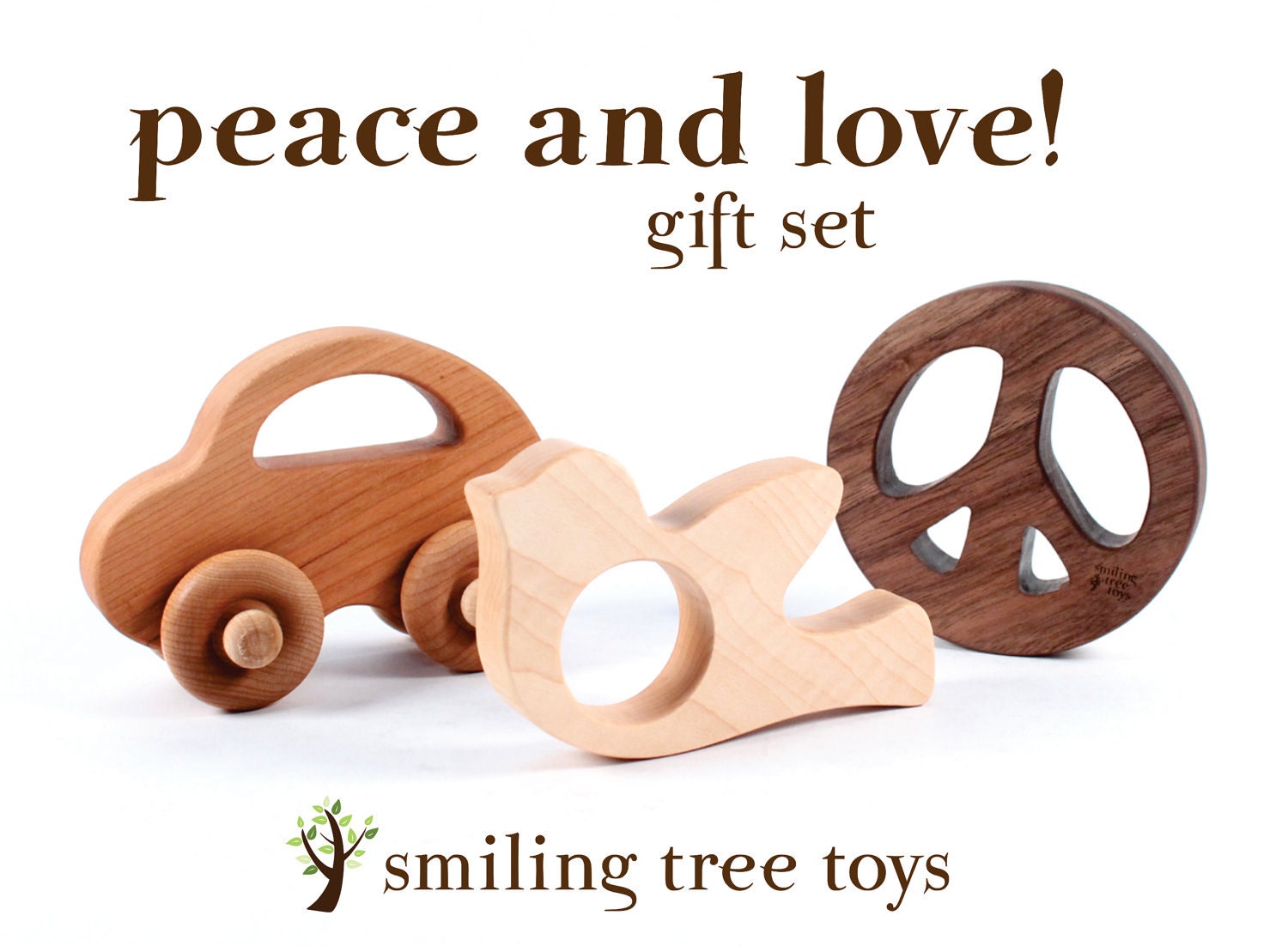 wood baby toys gift set  - RATTLE, CAR, TEETHER - all natural montessori wooden toys, eco-friendly new baby present for boy or girl