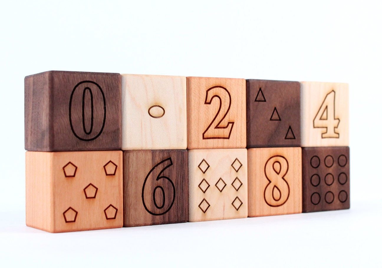 10-piece NUMBER BLOCK SET - educational learning set with numbers and shapes for any age, natural wooden toys with homegrown organic finish