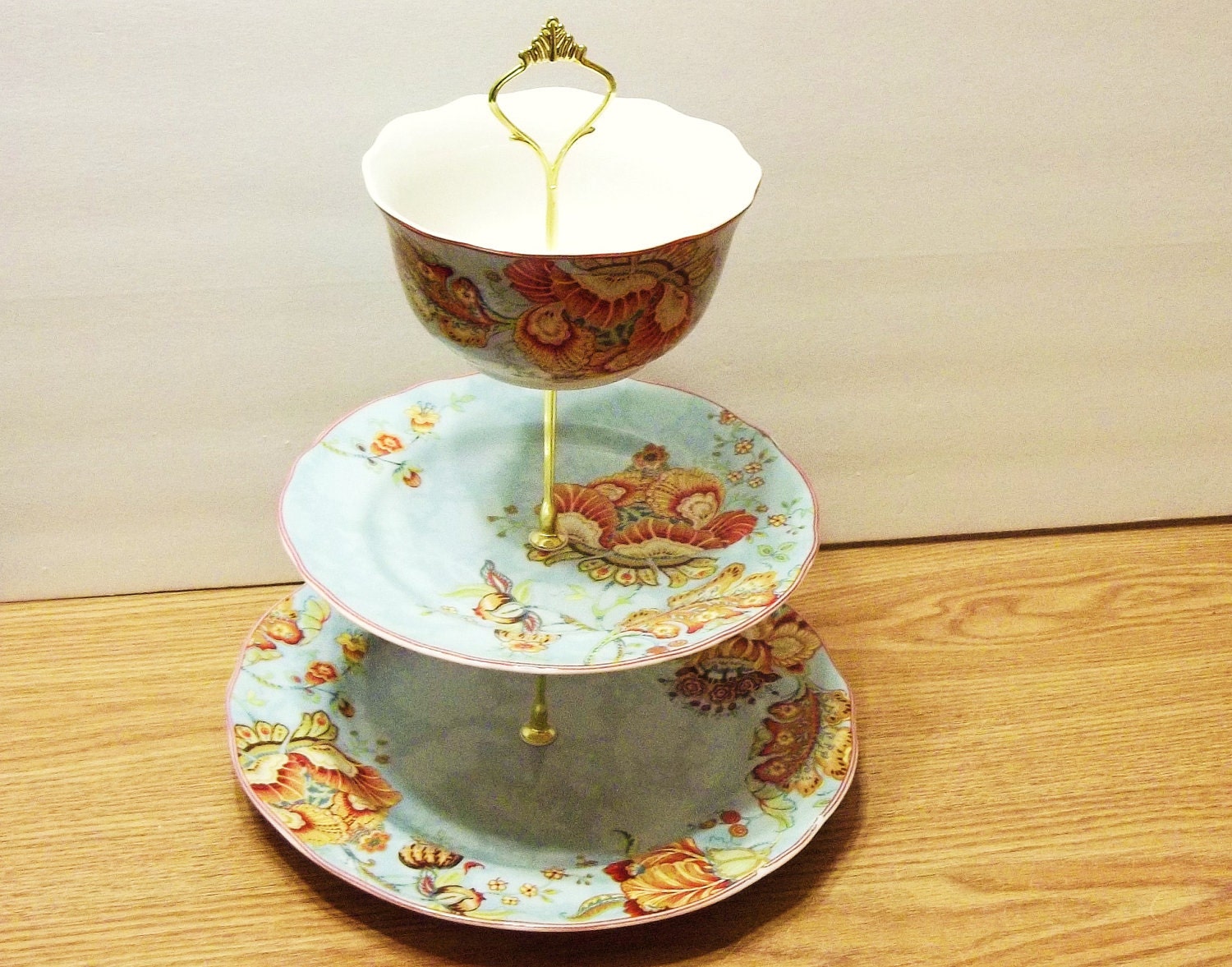 One of a Kind Three Tier Serving Stand In Sky Blue and Rich Orange and Rust-- Tea Table- Dessert Tray, Wedding
