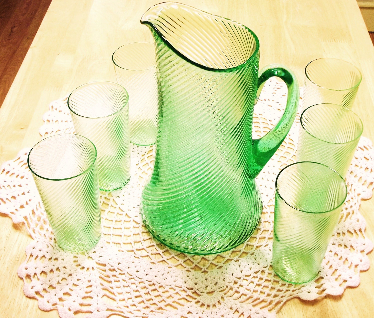 Antique Depression Glass Swirl Pitcher And Six glasses For Display or Use