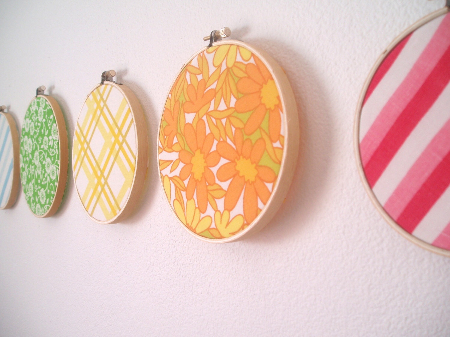 Vintage Rainbow Fabric Wall Art- Embroidery Hoop Frame- Set of Seven- Pretty Pink, Baby Blue, Lime Green, Sunny Yellow