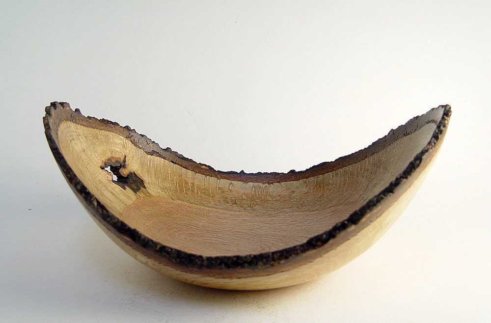 Natural-Edge Wood Bowl in Salvaged Black Oak: 11.5" Length x 5" Tall.