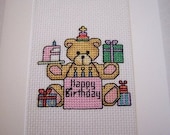 Completed Cross Stitch Card Happy Birthday Bear