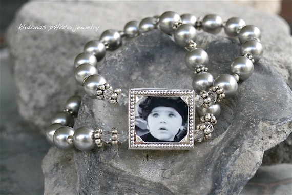 Wedding Bracelet Pearl Mother of Bride and Groom Photo gift / Silver glass pearls with rhinestone accents