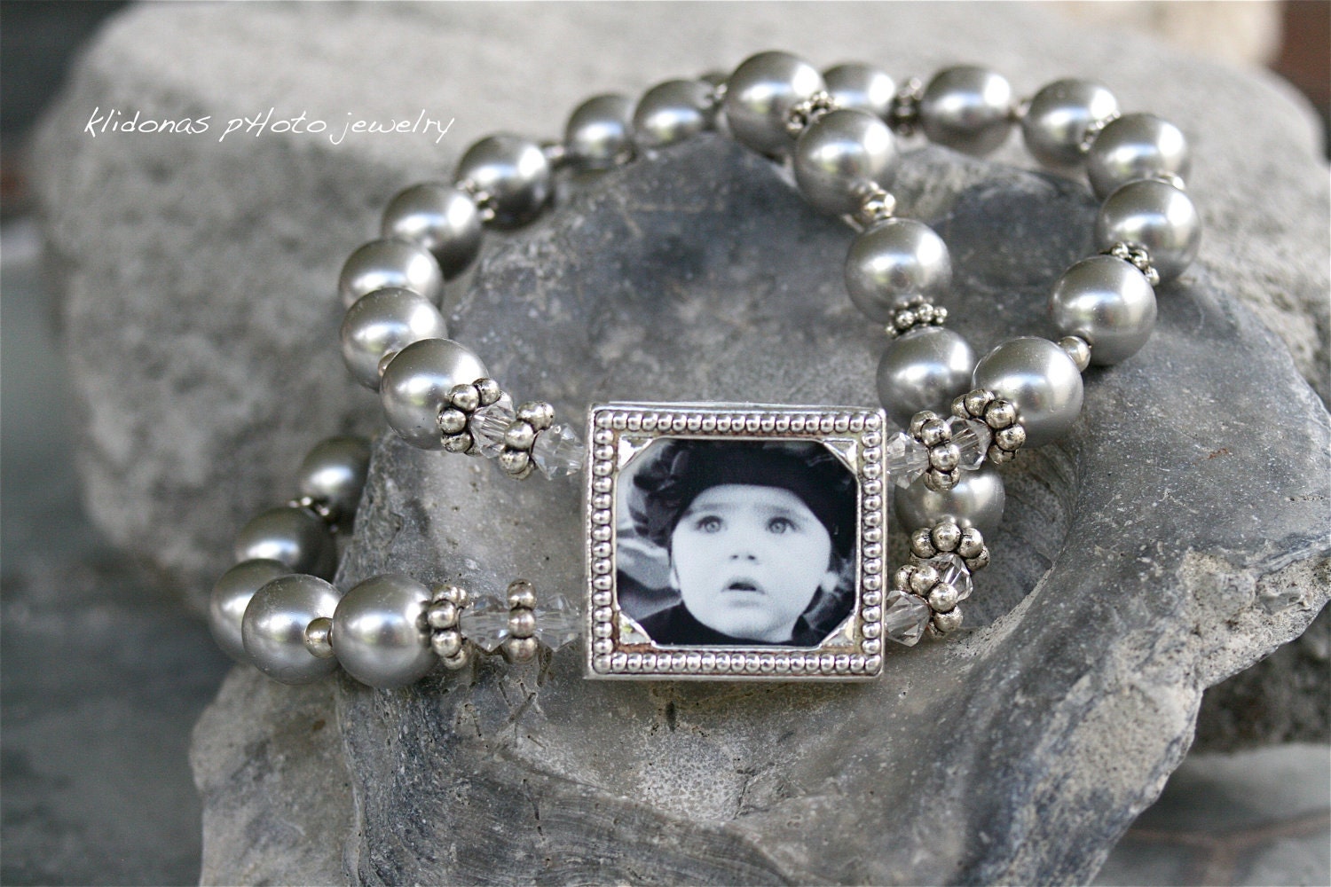 Wedding Bracelet Pearl Mother of Bride and Groom Photo gift / Silver glass pearls with rhinestone accents