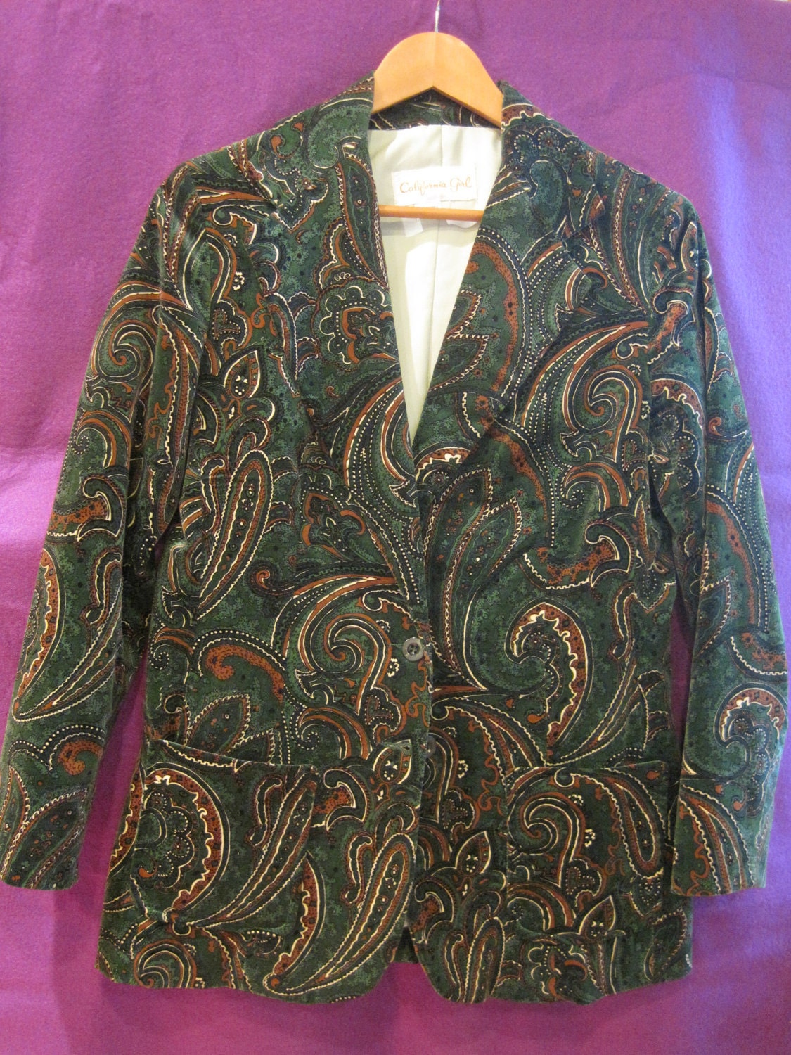 Mod Vintage Paisley Blazer Jacket Green Brown White California Girl 1960s 1970s Unisex