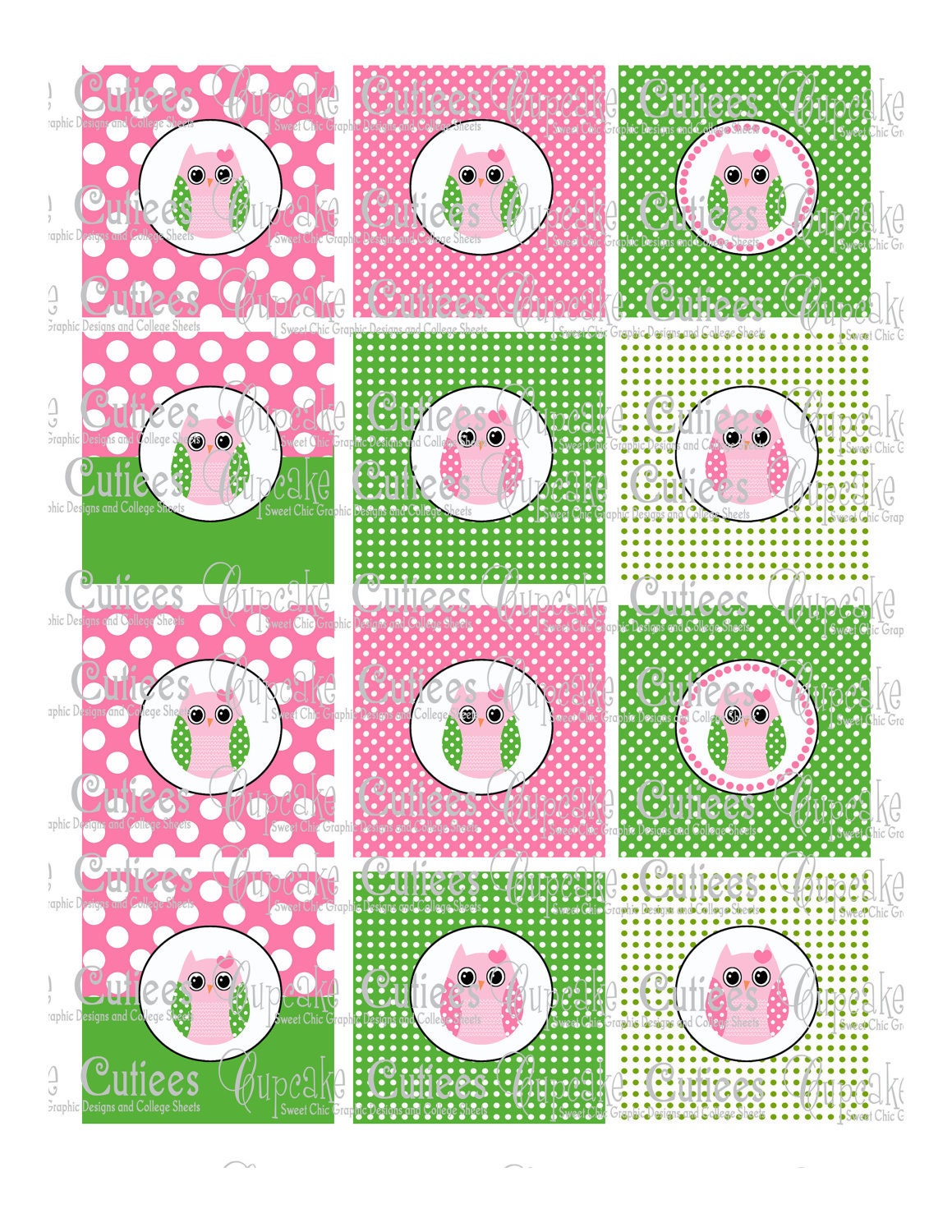 Owl Girl Green Birthday Digital Cupcake Toppers  2 Inch Circle Tags PRINTABLE