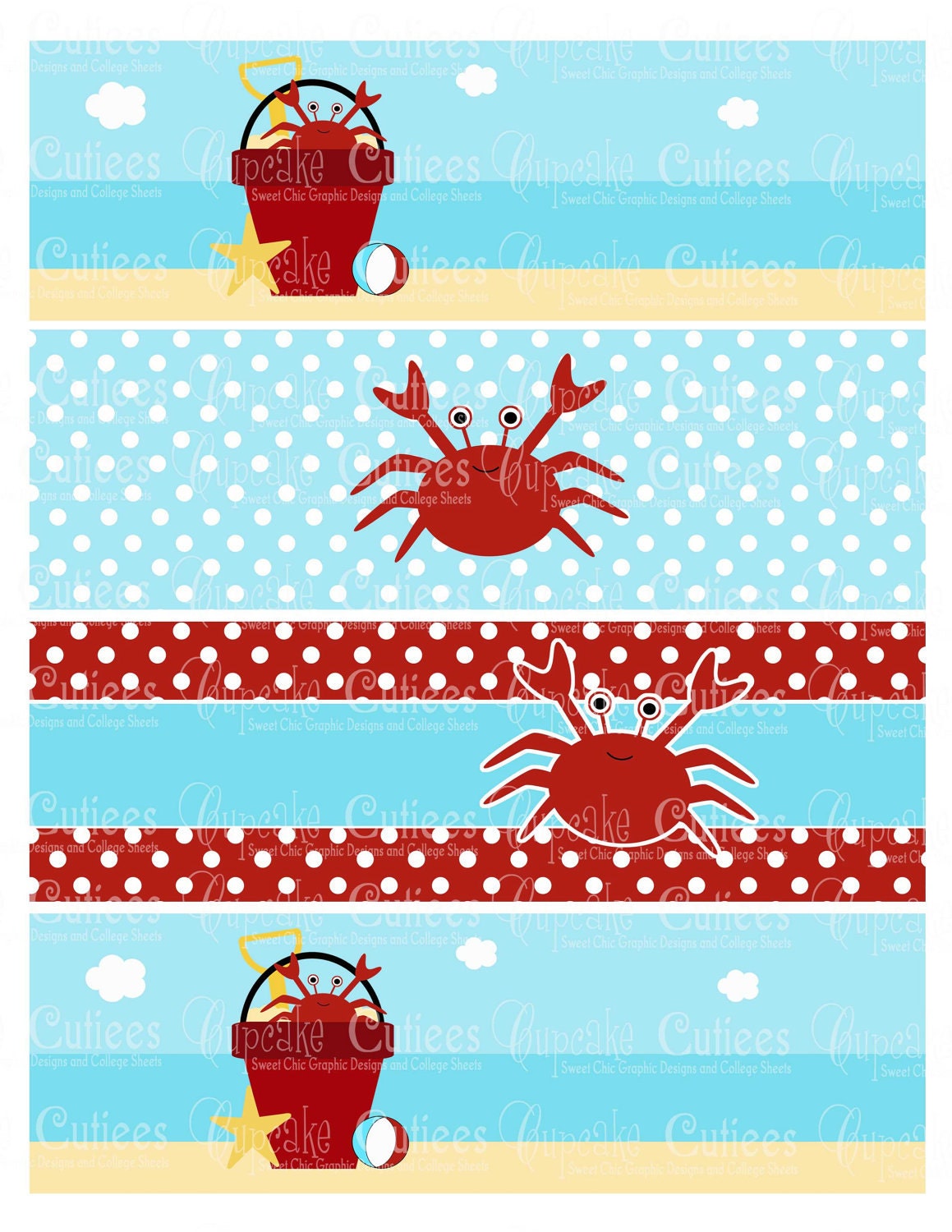 Crabby Beaches Blank  Digital  Water Bottle Labels   PRINTABLE u PrINt