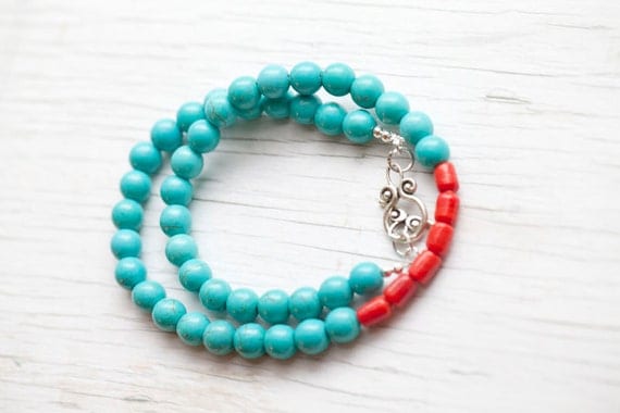 Turquoise Necklace . Red coral bead . Toggle clasp . Spring . Teal
