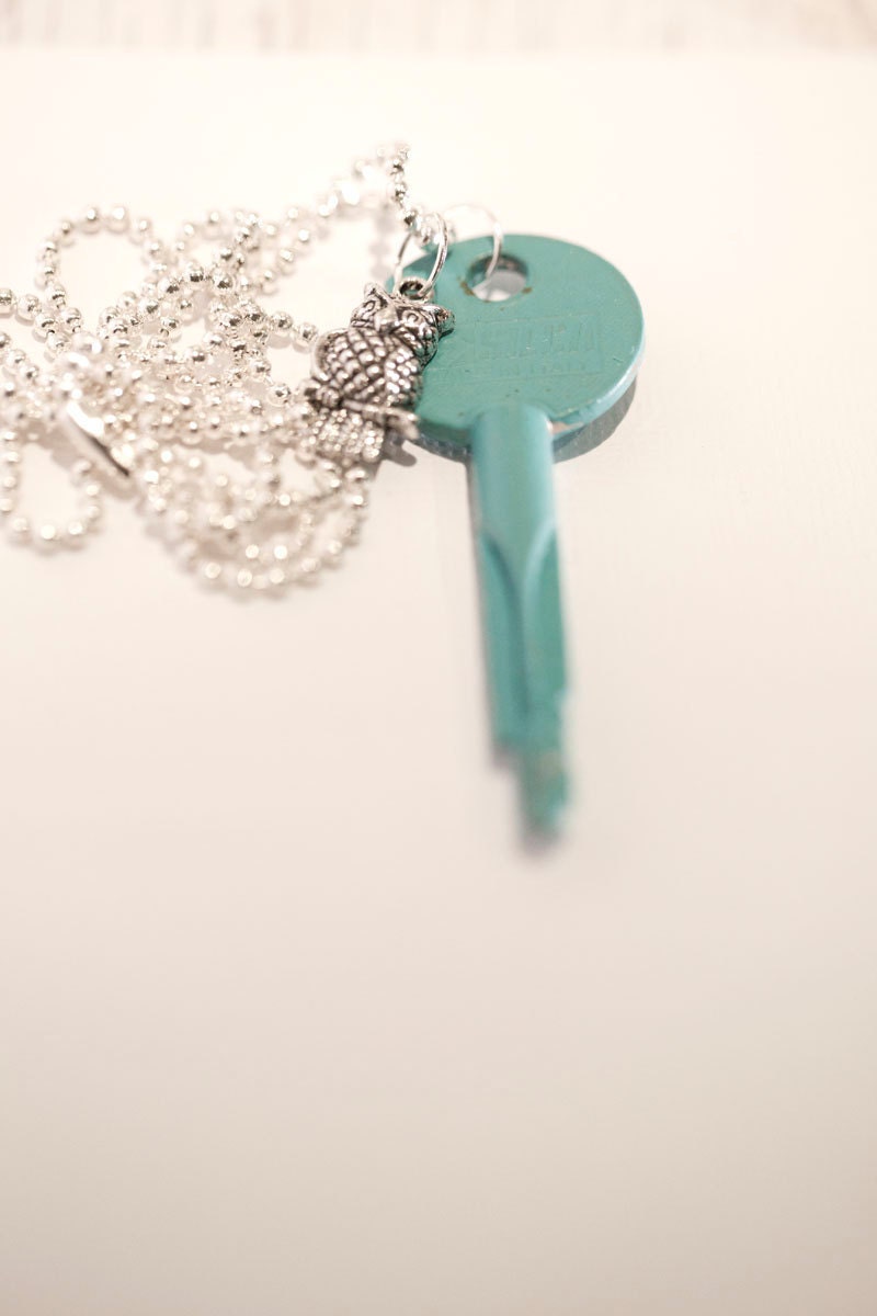 Large Turquoise Key with small owl . Ball chain . Retro style . Teal