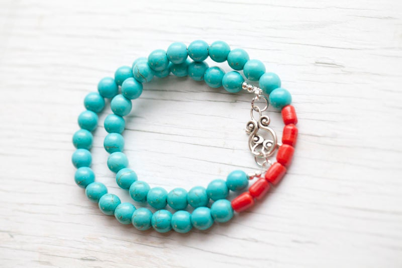 Turquoise Necklace . Red coral bead . Toggle clasp . Spring . Teal
