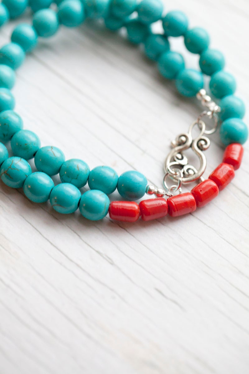 Turquoise Necklace . Red coral bead . Toggle clasp . Spring . Teal