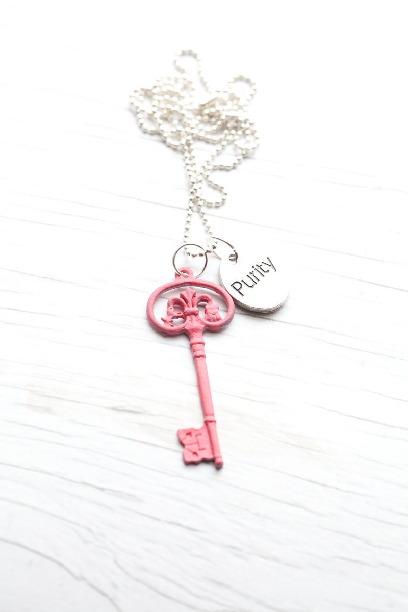 Dark pink Key Necklace . Purity . Ball chain . Hand painted . Mother's day