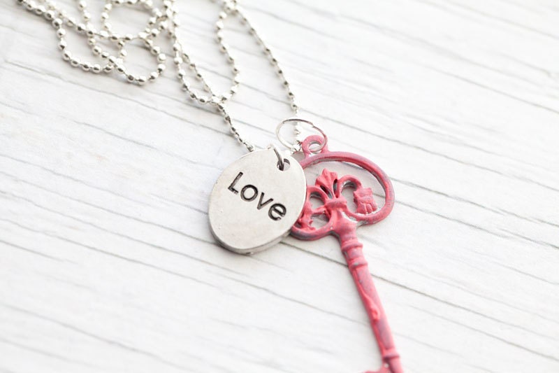 Dark pink Key pendant . Love . Ball chain . Hand painted . Vintage look . Mother's day