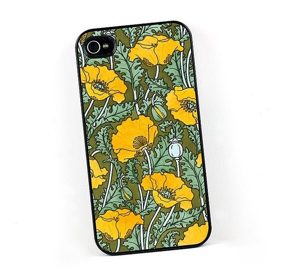 Floral iPhone 4 case, Art Nouveau Yellow Gold Poppies, iPhone 4 S case, Mobile Accessories for Men or Women, iPhone Gear