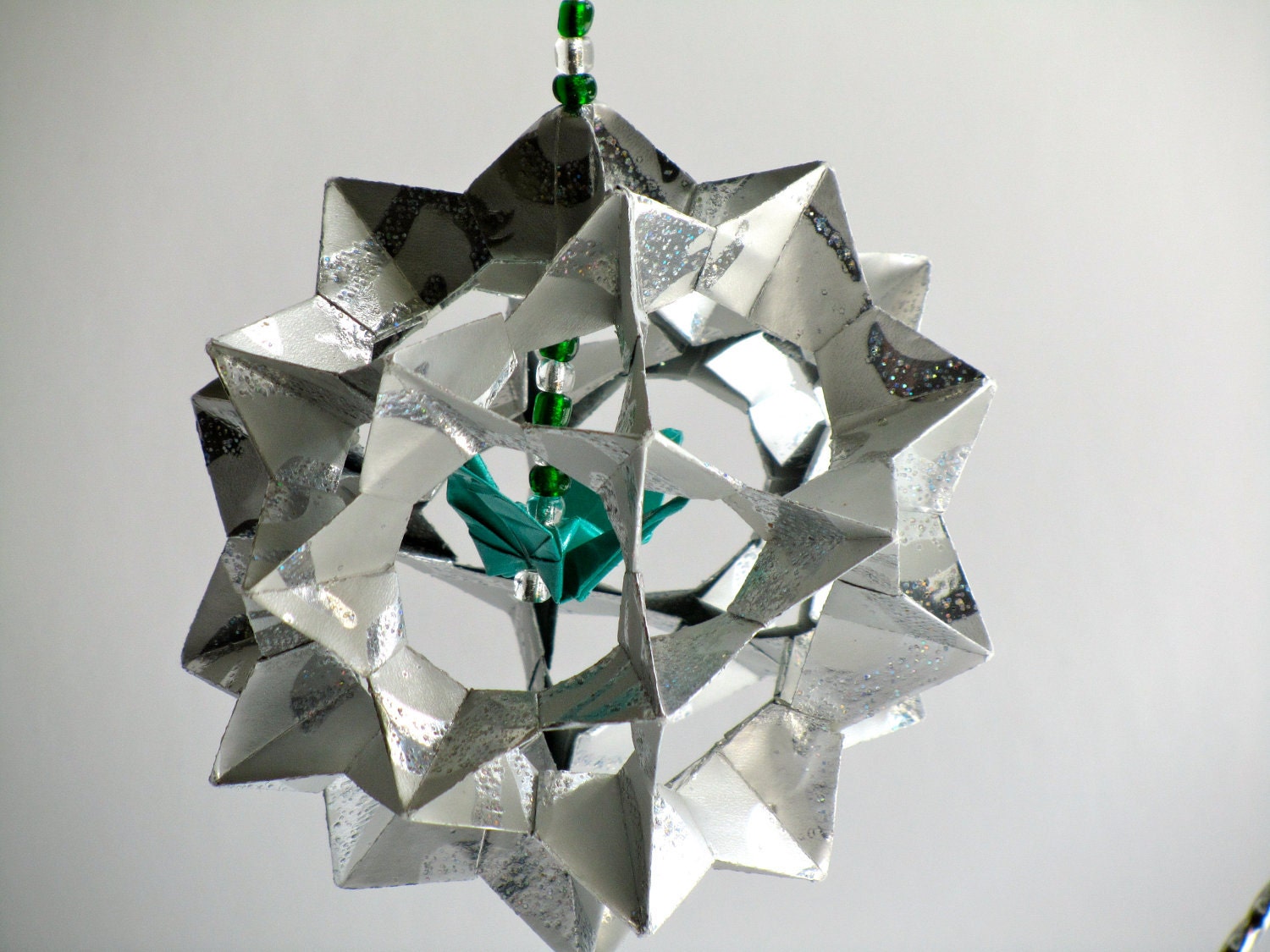 Ornament Decoration Home Décor 3D Modular Origami Handmade in Shimmery Metallic Silver With Green Crane on Ornament Stand One Of A Kind OOAK
