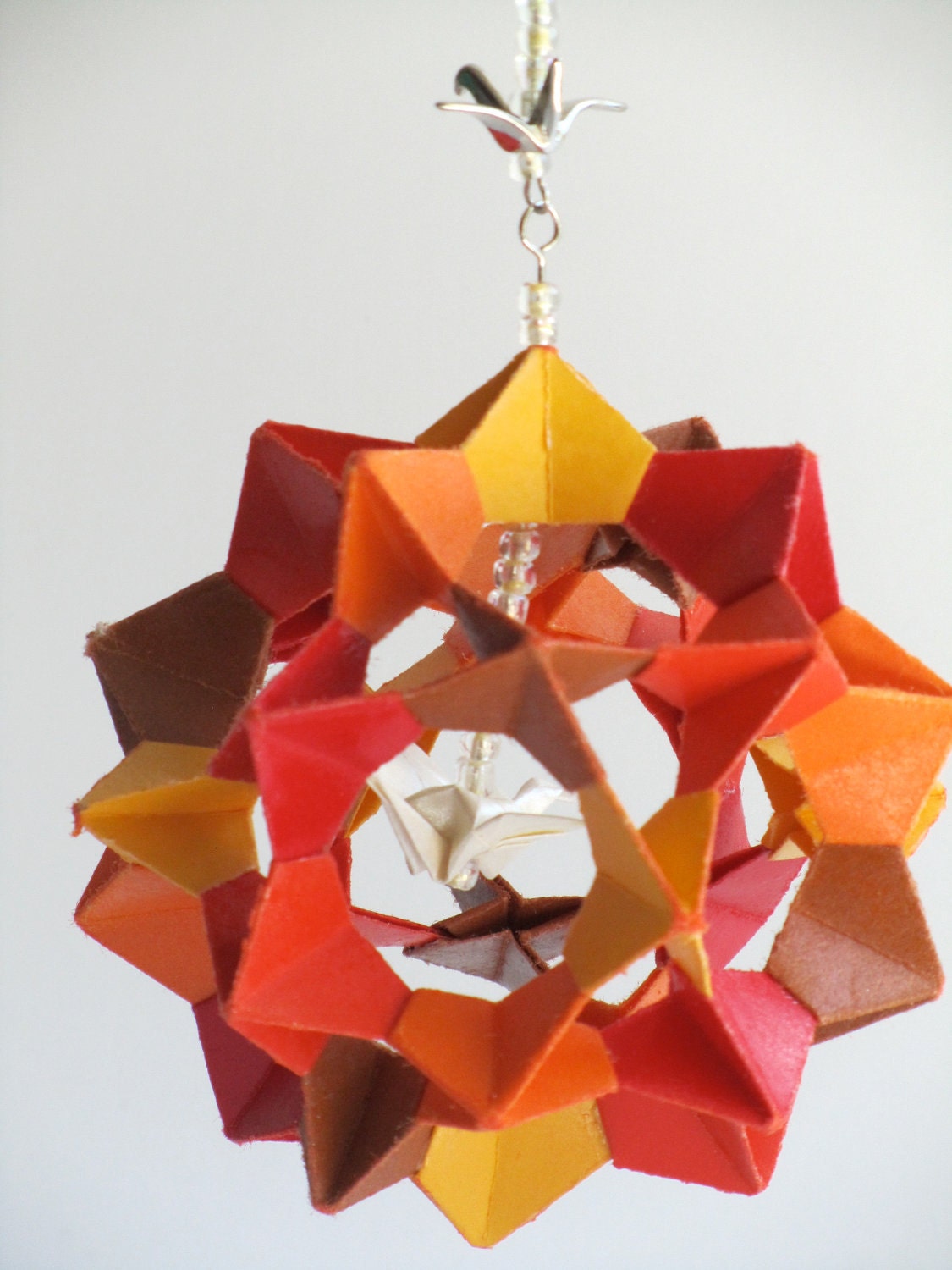 Ornament Home Décor 3D Modular Origami Handmade in Yellow Orange Red Brown With Metallic White Paper Crane on Ornament Stand One Of A Kind