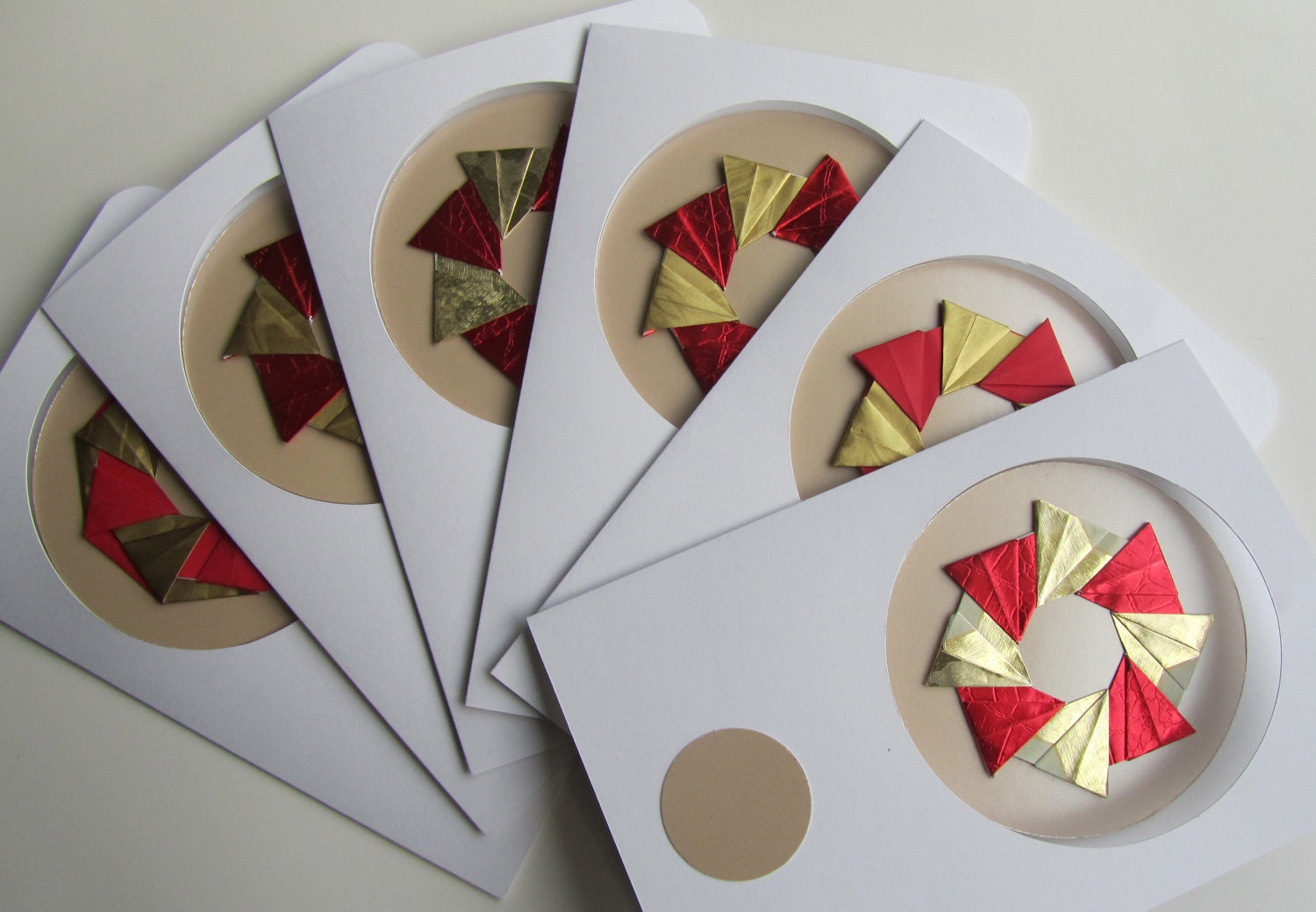 VALENTINES Cards With Detachable ORIGAMI ORNAMENTS, Handmade as Stars in Shimmery Metallic Gold and Red on Textured Gold One Of A Kind