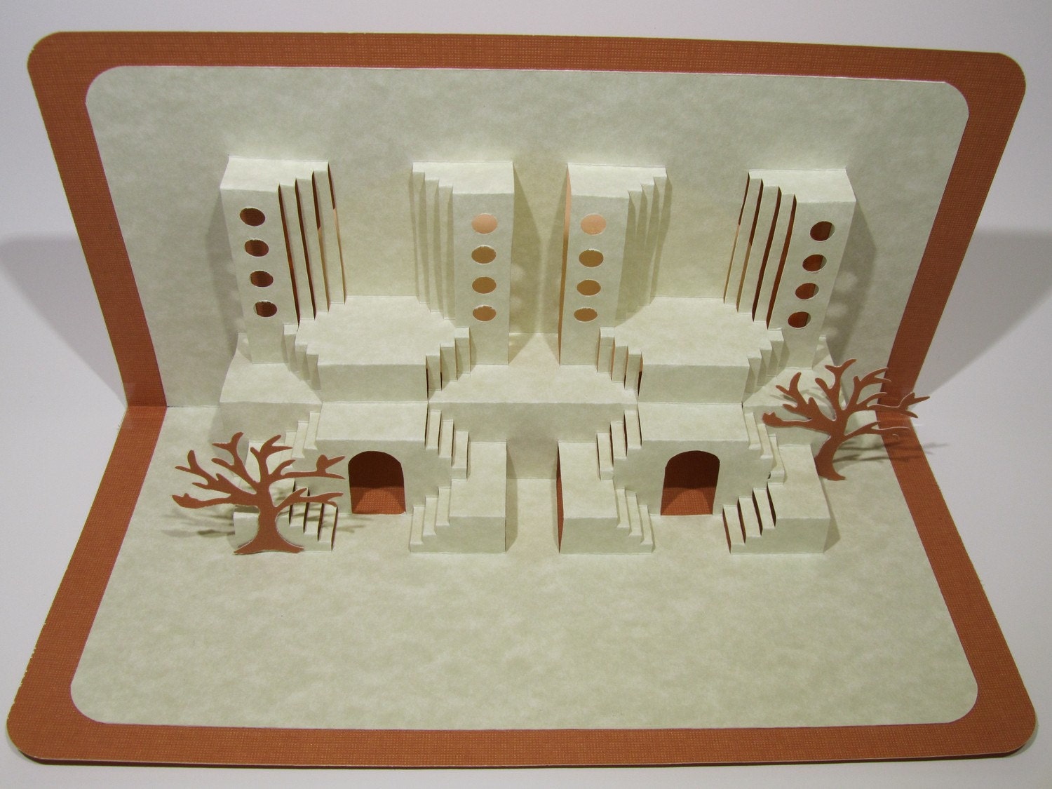 RESERVED 4 Kati from New Zealand Home Decor 3D Pop up Card ORIGINAL Handmade Origamic Architecture in Ivory and Brown OoAK SIGNED