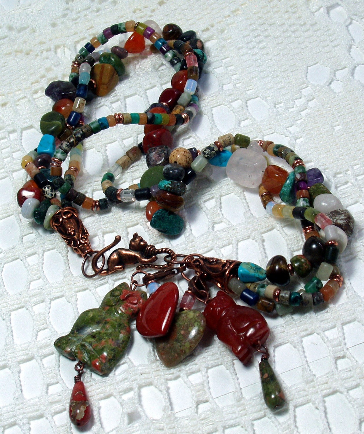 Cat charm necklace, gemstones, boho, copper, torsade