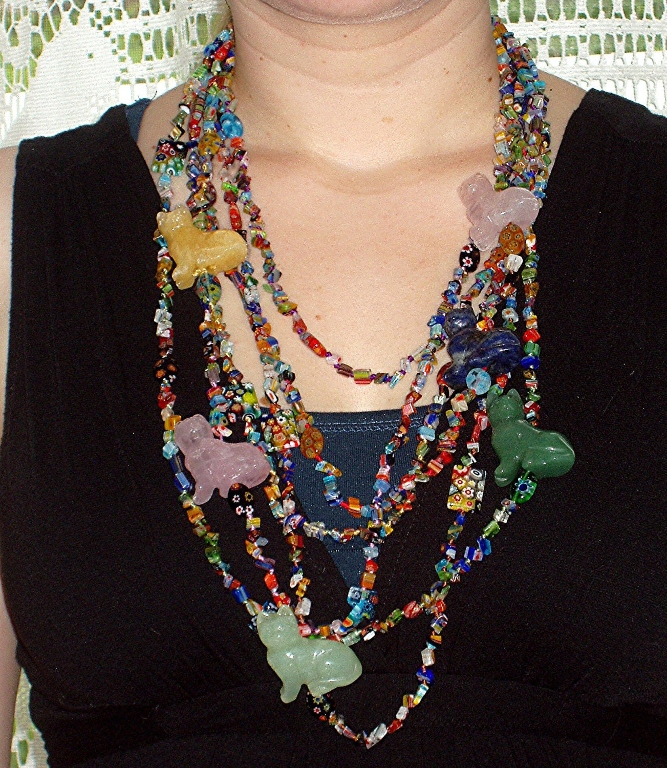 Cat necklace, gemstone cats, colorful, boho chic, multi-strand