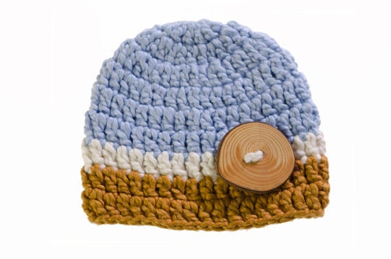 Organic Cotton Baby Boy Hat Blue, Cream, and Burnt Orange with Wood Button