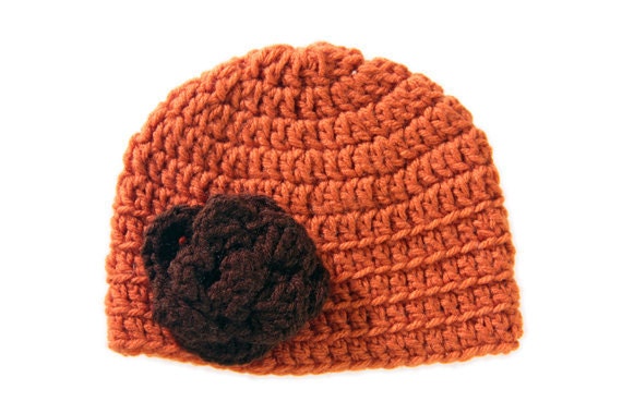 Crochet Baby Girl Hat Orange with Brown Flower 1- 3 months READY TO SHIP