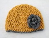Baby Girl Hat Mustard with Grey Flower