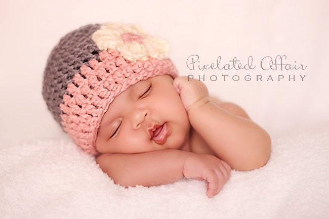 Baby Girl Hat Grey and Pink with Cream Flower, Organic Baby Hat