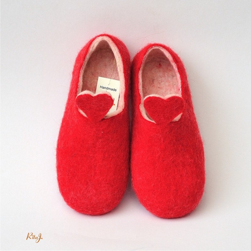 Red and white handmade felted slippers, HEART