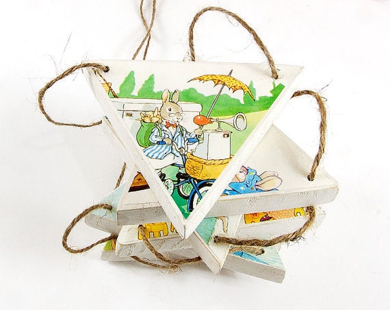 Wooden Nursery Rhyme Bunting. Handmade from Vintage Storybook Pages & Natural Wood. Bunny Rabbit Fishing Summertime