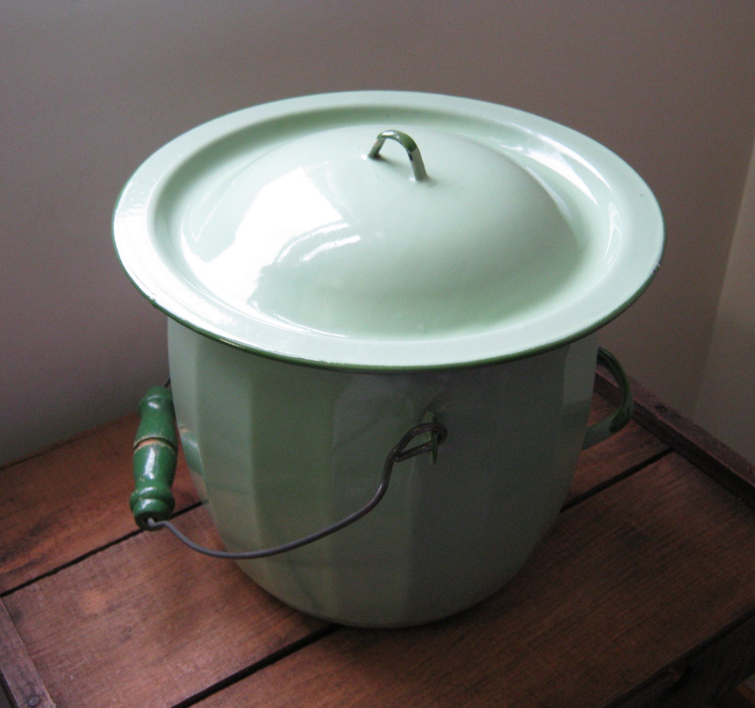 Green Enamel Chamber Pot / Slop Bucket