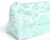 Bridesmaid Gift in Mint Green & Ivory Lace Cosmetic Bag, Pastel Wedding, Bridal Favor, Bulk Pricing, Sage Green Wedding
