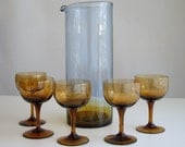 Vintage Mid Century Modern Barware Cocktail Glasses and Pitcher Set - Amber and Smokey Blue