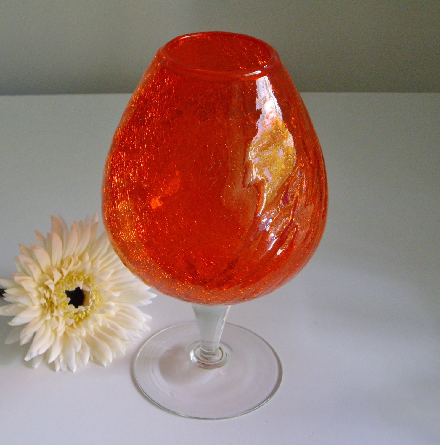Vintage Orange Vase - Mid Century Art Glass Vase - Orange Crackle Glass Snifter Vase - Clear Stemmed - Great Tip Jar