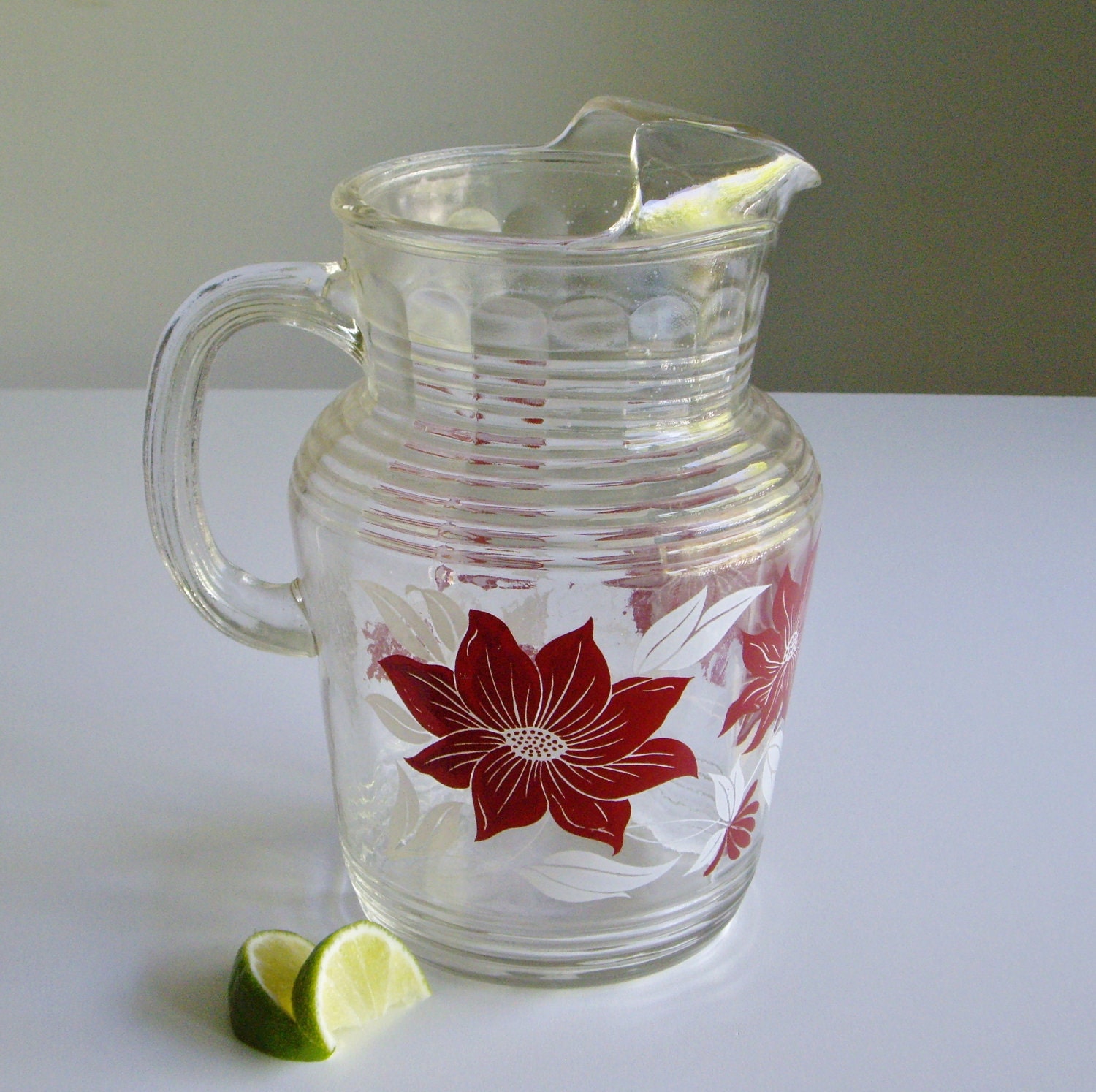 Vintage Glass Pitcher Mid Century Red and White by Vintagerous