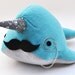 Narwhal Plush - with Mustache and Monocle - Medium - MADE TO ORDER (Choose colors)