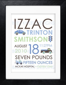 Custom Birth Print for nursery Cars Automobile Vehicle