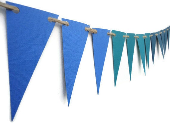 Triangle Paper Bunting, Teal Blue Ombre Banner, Wall Hanging, Home Decor, Party Decoration, Modern Geometric Garland
