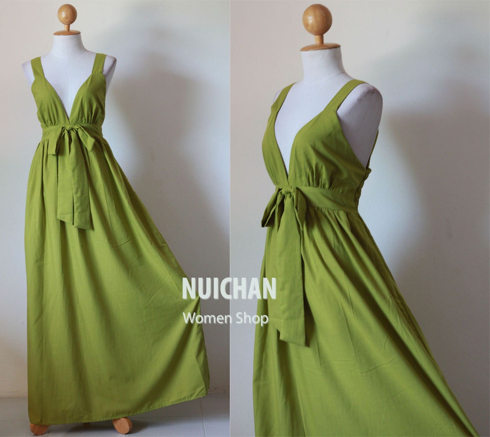Long Olive Green Maxi Dress Elegant V-styled Neck : Love Party Collection