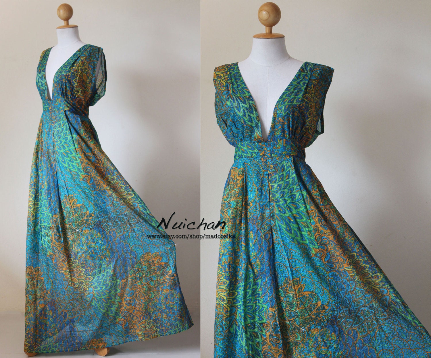 Comfy Sexy Low V-neck Peacock Printed Long Maxi Dress : Oriental Secrets Collection